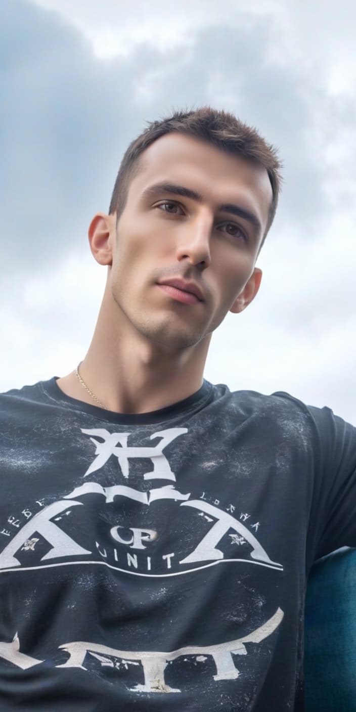  hdr photo of "a young guy with the inscription as on a t shirt, against the sky" . high dynamic range, vivid, rich details, clear shadows and highlights, realistic, intense, enhanced contrast, highly detailed, perfect hands hyperrealistic, full body, detailed clothing, highly detailed, cinematic lighting, stunningly beautiful, intricate, sharp focus, f/1. 8, 85mm, (centered image composition), (professionally color graded), ((bright soft diffused light)), volumetric fog, trending on instagram, trending on tumblr, HDR 4K, 8K