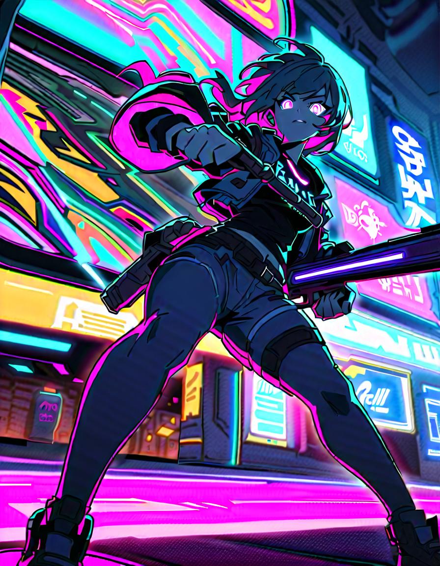  young rebel, holding a futuristic weapon, striking a dynamic pose, confident, break vibrant cyberpunk city, neon lit streets, graffiti, holographic billboards, futuristic vehicle, break futuristic and energetic, glowing neon lights, dynamic motion lines,