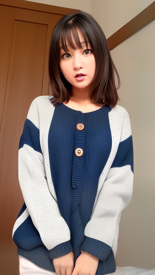  Room V sweater with dark blue-green buttons Woman with semi-straight brown hair, fearful expression