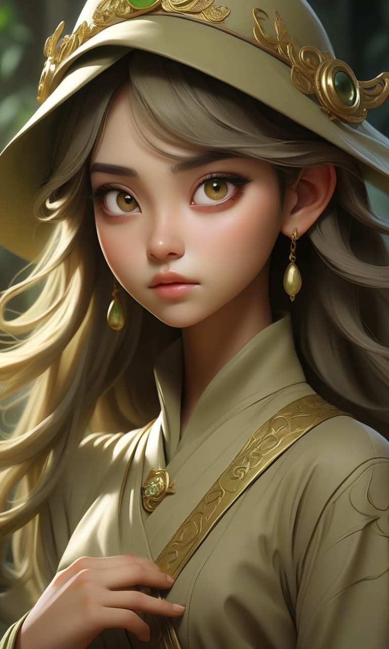  the girl merchants eyes the color of khaki, which shine with a bright, magical light, as if energy is burning inside them. the eyes radiate a mystical glow, emphasizing their depth and mystery, hkmagic