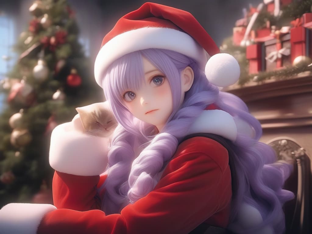  santa cosplay, lavender hair, eyes are black, christmas, boys, cute, masterpiece, best quality,8k,ultra detailed,high resolution,an extremely delicate and beautiful,hyper detail