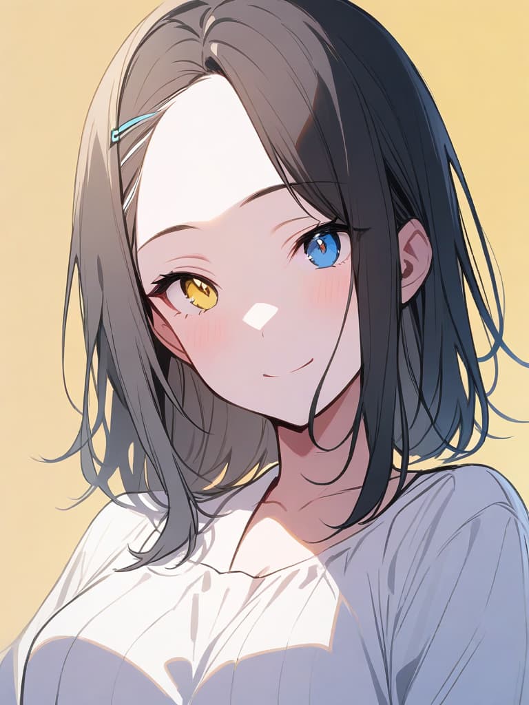  ultra detailed:1.2,masterpiece:1.2,best quality,masterpiece,bestquality,hdr:1.1,8k:1.1,very cute girl:1.3,(((off center part hair,three seven hair parting:1.9)))(short hair:1.1),(forehead:1.4),((from front:1.5)),,hair clips ,(upper body:1.2)(face focus:1.2),(white sailor sundress:1.2)(smile:1.3)(light yellow background color:1.6)(black hair:1.1,blue eyes:1.1)(looking viewer:1.3)