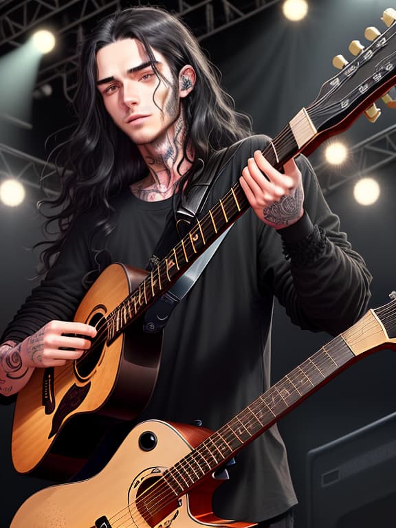  young man, long wavy black hair, lots of freckles, lots of tattoos, stubble on chin, wears black baggy shirt, sleeves rolled up, plays guitar, concert background