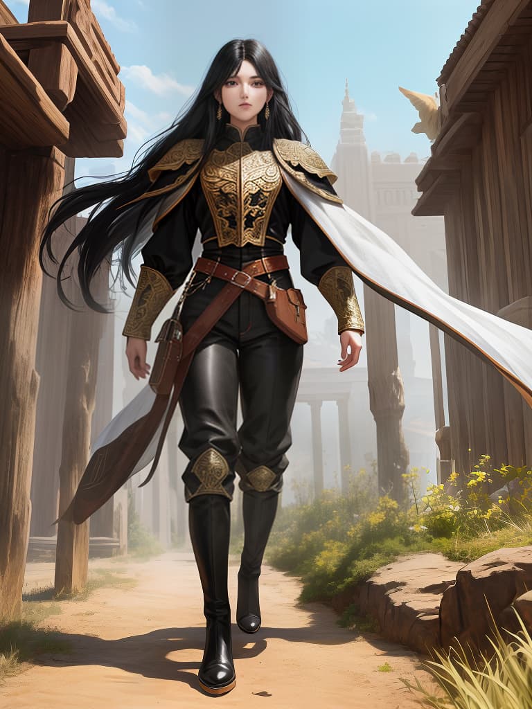  giants' world, black hair center part, mankind strongest, brown clothes, crisp white pants, black boots, masterpiece, best quality,8k,ultra detailed,high resolution,an extremely delicate and beautiful,hyper detail