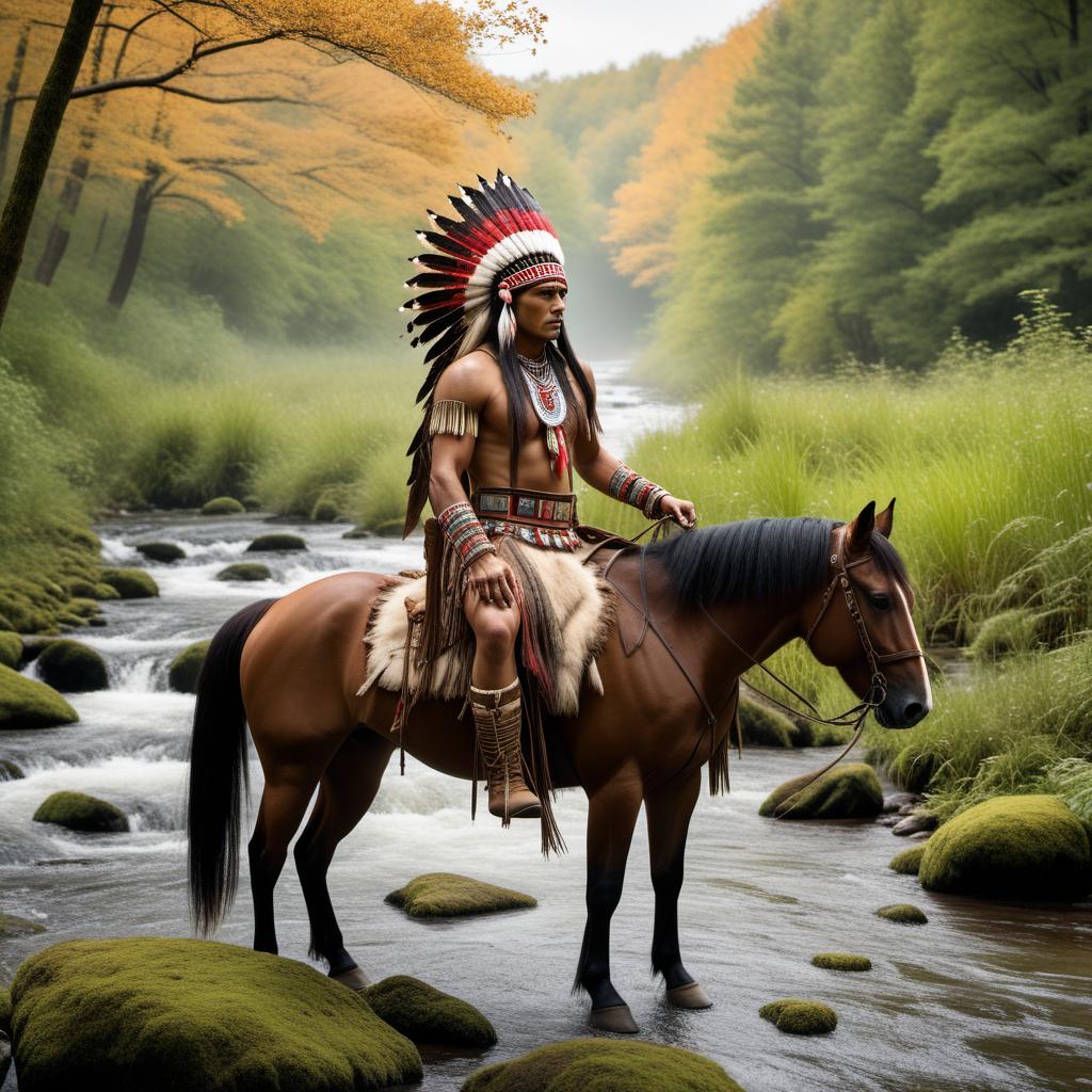  A picture of a person dressed as an American Indian warrior on top of a horse near a stream. The person is adorned in traditional clothing and a headdress. The setting is a natural, lush landscape with trees and a flowing stream nearby. hyperrealistic, full body, detailed clothing, highly detailed, cinematic lighting, stunningly beautiful, intricate, sharp focus, f/1. 8, 85mm, (centered image composition), (professionally color graded), ((bright soft diffused light)), volumetric fog, trending on instagram, trending on tumblr, HDR 4K, 8K