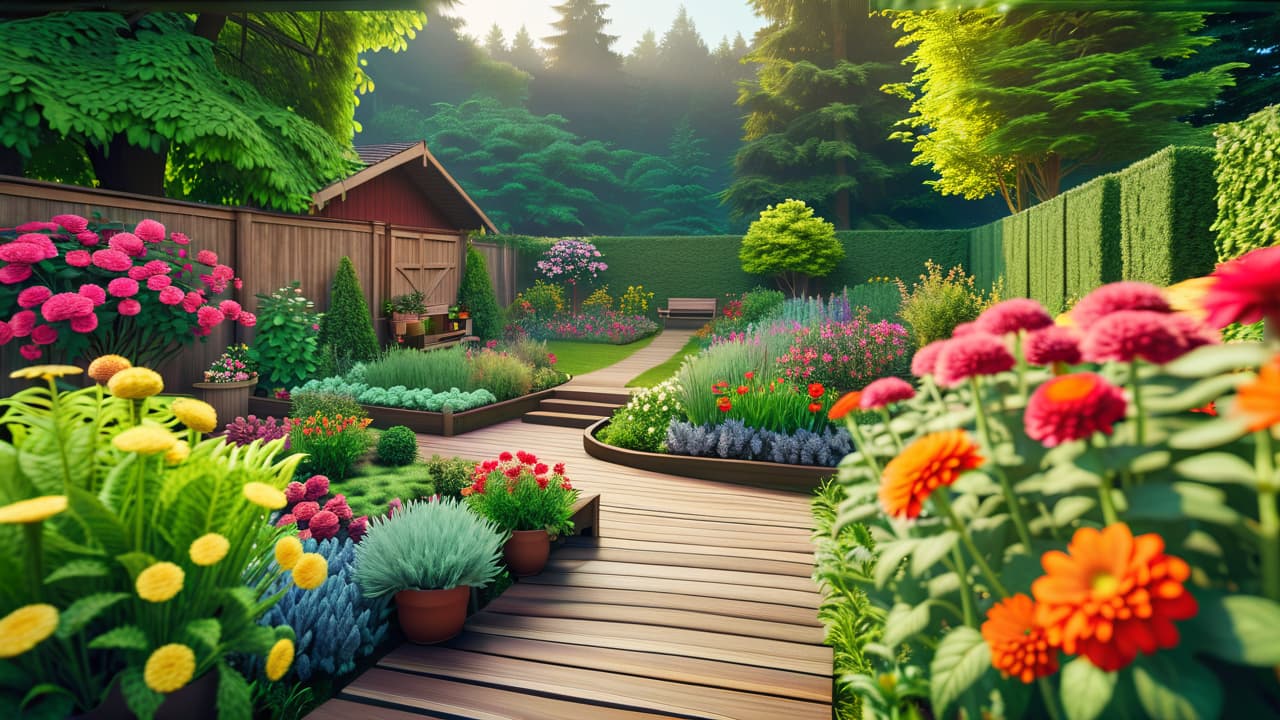  a serene backyard scene showcasing a small, well organized garden plot with vibrant vegetable beds, colorful flowers, and a cozy seating area, surrounded by lush greenery and a wooden fence, inviting beginners to explore gardening. hyperrealistic, full body, detailed clothing, highly detailed, cinematic lighting, stunningly beautiful, intricate, sharp focus, f/1. 8, 85mm, (centered image composition), (professionally color graded), ((bright soft diffused light)), volumetric fog, trending on instagram, trending on tumblr, HDR 4K, 8K