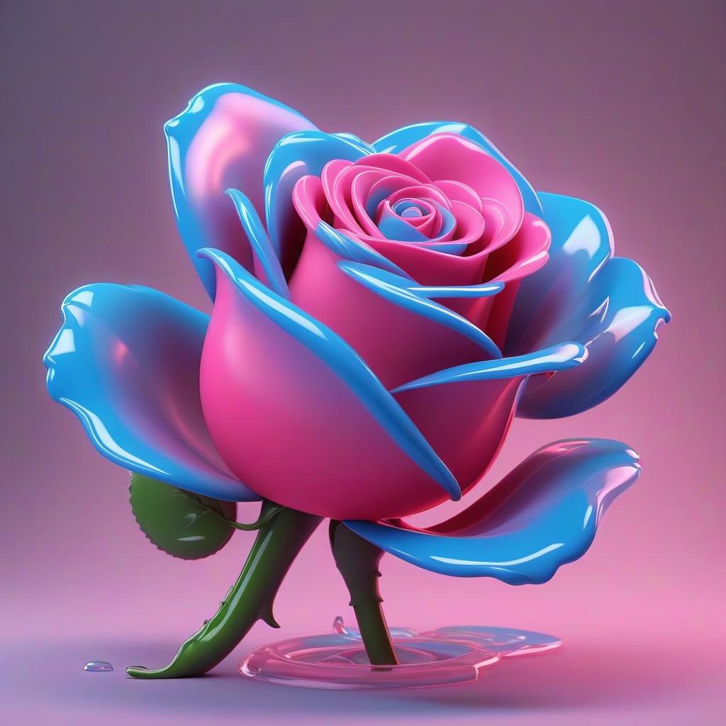  create an abstract 3d model of a rose bud without a stem, tilted 30 degrees left. use glass as the main material. petals should have many bright highlights of blue and pink neon color. around the bud in the air should fly drops of fuzzy shape. the background should be black. around should be an abstract water ring cloud, creating the effect of levitation. lighting: bright neon. style 3d character