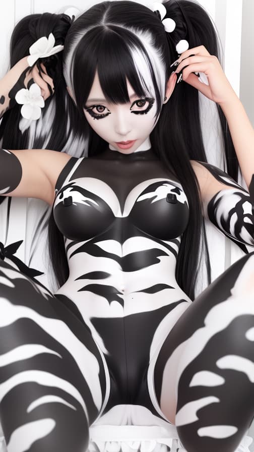  Full body black and white camouflage body paint, black and white camouflage face paint on the face, succubus 女性