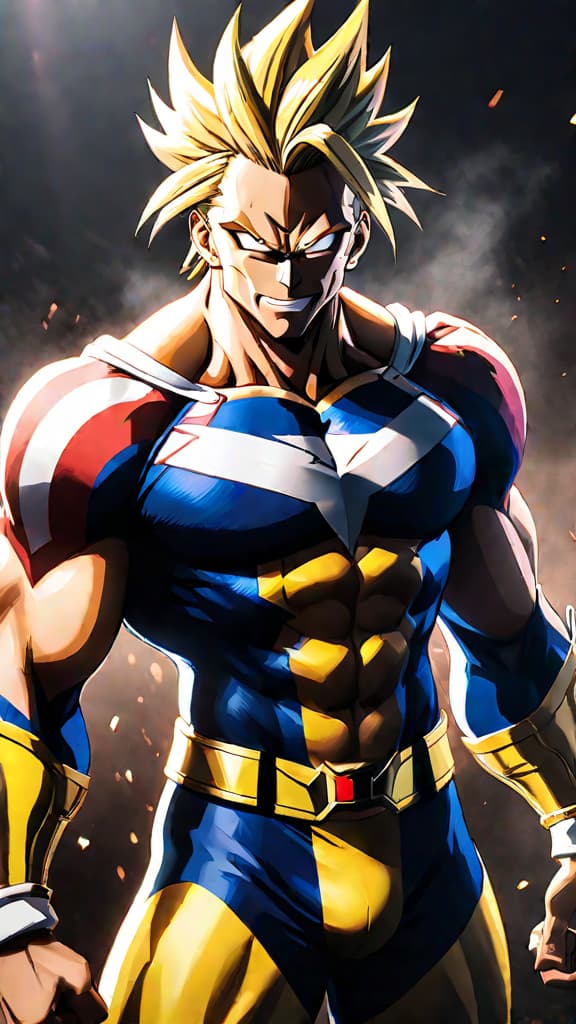  anime art: all might from my hero academia strikes fear into villains with peak power. hyperrealistic, full body, detailed clothing, highly detailed, cinematic lighting, stunningly beautiful, intricate, sharp focus, f/1. 8, 85mm, (centered image composition), (professionally color graded), ((bright soft diffused light)), volumetric fog, trending on instagram, trending on tumblr, HDR 4K, 8K