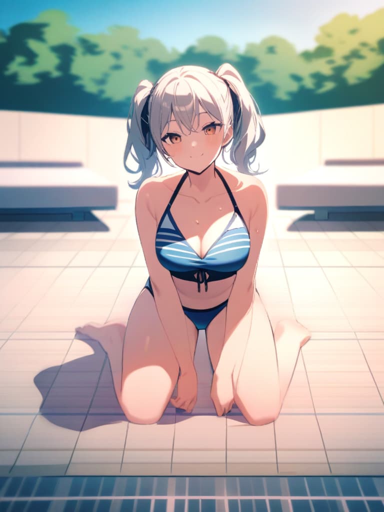  s, twin tails, cute smiles, swimwear, men (), (), (swelling), poolside, whole body,