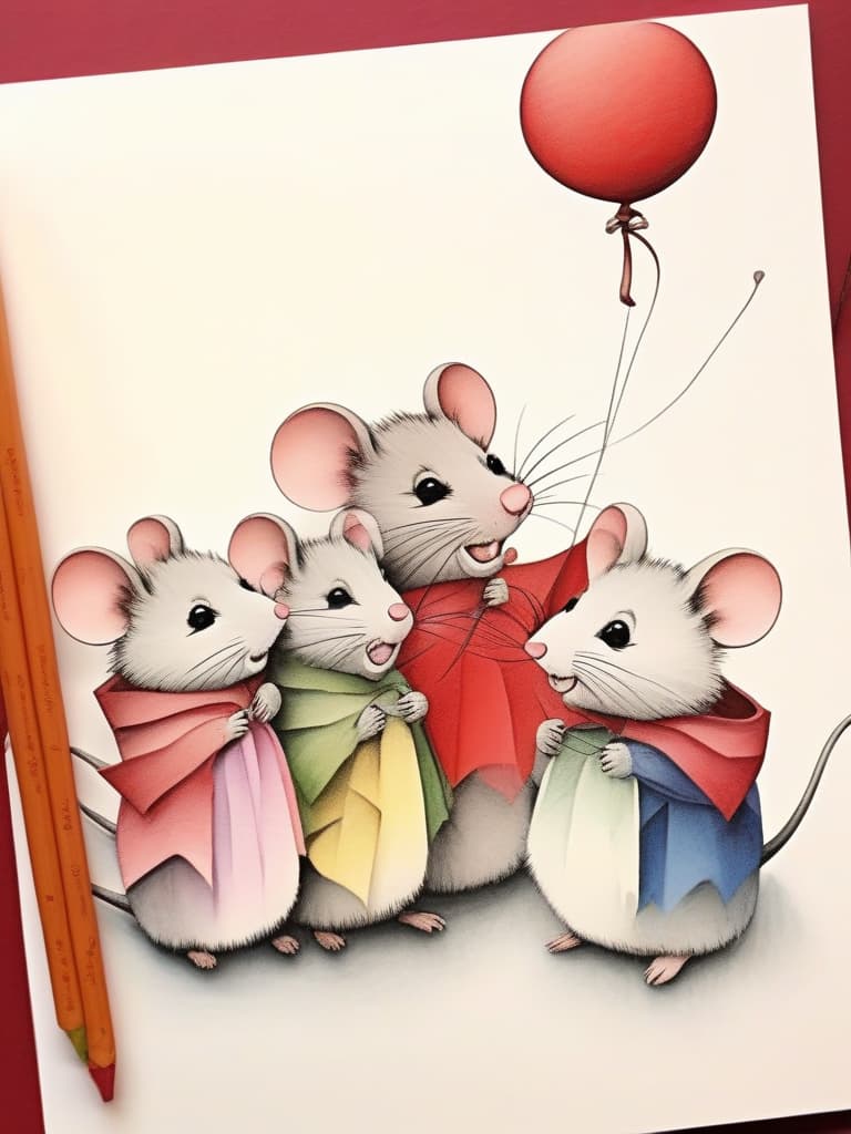  a masterpiece,(((5 little mice))),holding a red balloon 🎈,a letter tied to the end of a balloon string,acorns,smiles,good friends,fairy tale style,crayon drawing,gentle colors,delicate,detailed,