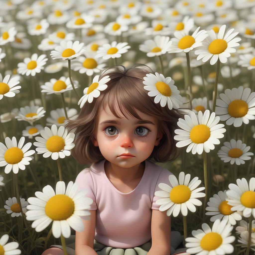  little girl sits in the middle of a 2,5d chamomile flower