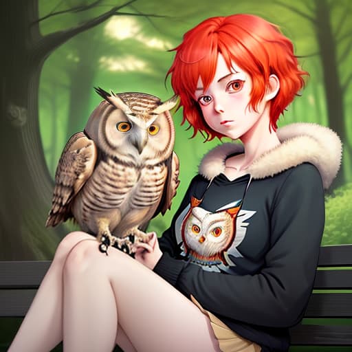  anime girl holds bitcoin in her hands. the girl has short red hair. an owl is sitting on her shoulder, cute , furry , expressive , by seth casteel , carli davidson , rachael hale mckenna, kaylee greer, sophie gamand