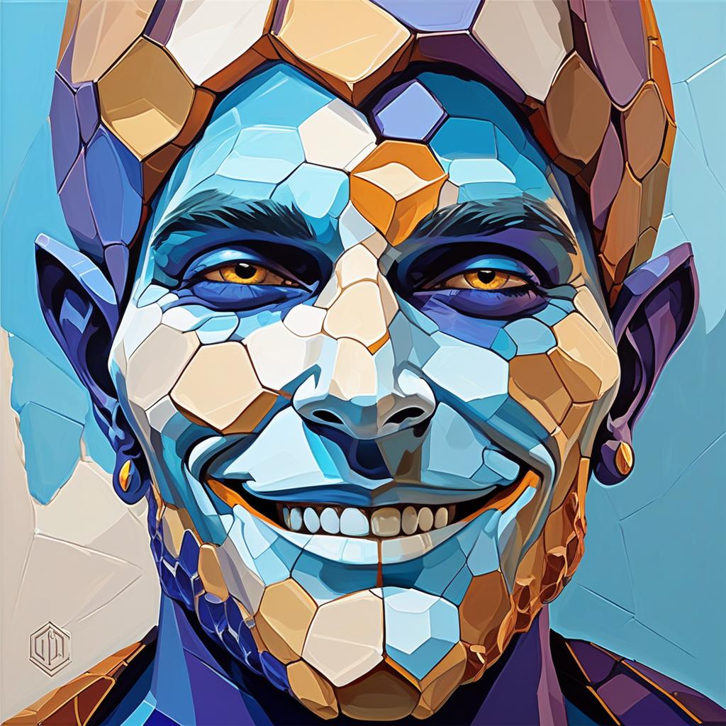  low poly style (palette knife oil painting:1.3) showcasing (honeycomb textures:1.2) with a dramatic split in half—(left side azure color:1.1) and (right side mahogany color:1.1). an (extremely close up view:1.2) of a (jester face:1.3) emerges from the textures, featuring tint of smile, (sly eyes:1.2) and (facial features blending seamlessly:1.1) with the (canvas textures:1.3). (painted skin:1.3) has a creepy look, highlighting the (dark art style:1.2) in this (surreal portrait:1.3). . low poly game art, polygon mesh, jagged, blocky, wireframe edges, centered composition