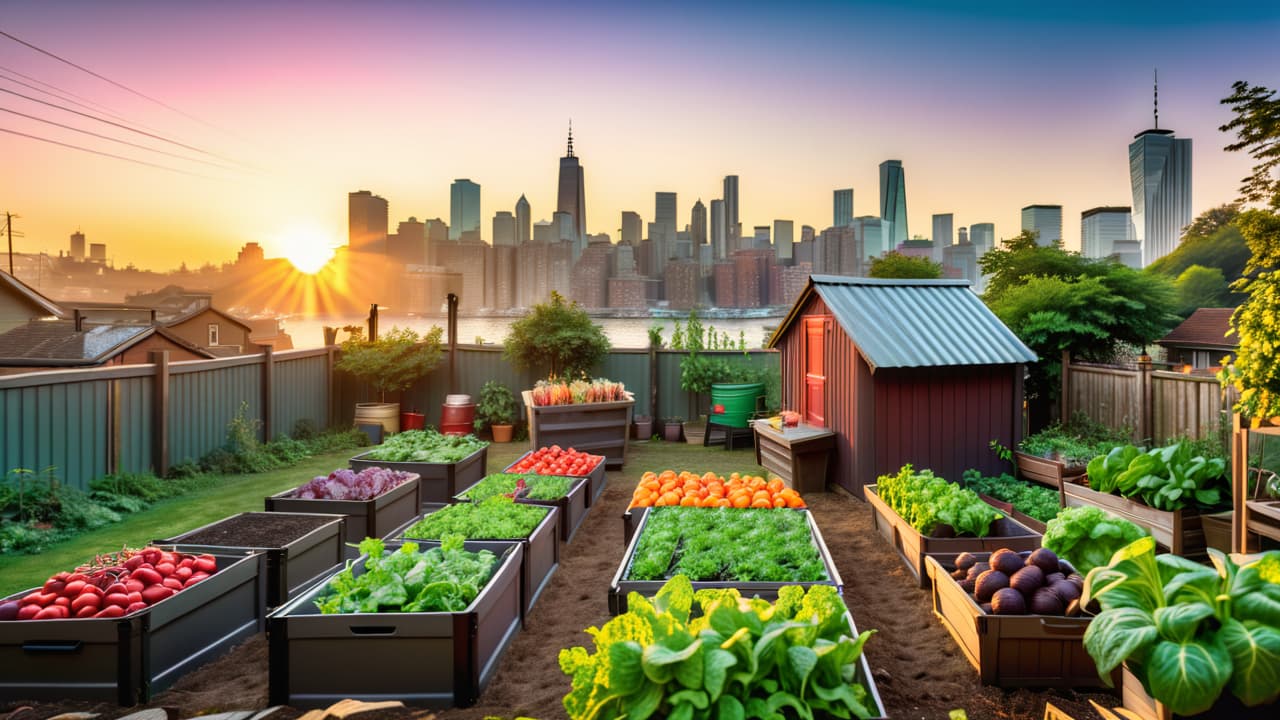  a vibrant urban garden with raised beds, diverse vegetables, chickens pecking in a sunny corner, a compost bin, rainwater barrels, and a cozy shed, all surrounded by a bustling city skyline in the background. hyperrealistic, full body, detailed clothing, highly detailed, cinematic lighting, stunningly beautiful, intricate, sharp focus, f/1. 8, 85mm, (centered image composition), (professionally color graded), ((bright soft diffused light)), volumetric fog, trending on instagram, trending on tumblr, HDR 4K, 8K