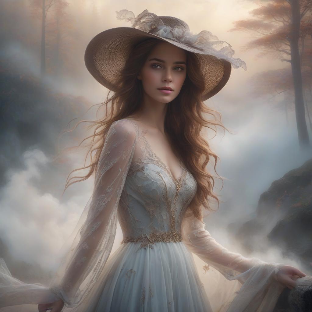  medium shot, young woman with brown wavy long hair, in a hat and beautiful dress, ethereal fantasy, hyper detailed fog thomas kinkade, white background, perfect composition, high contrast, cinematic, atmospheric, concept art, medium shot, hyper detailed