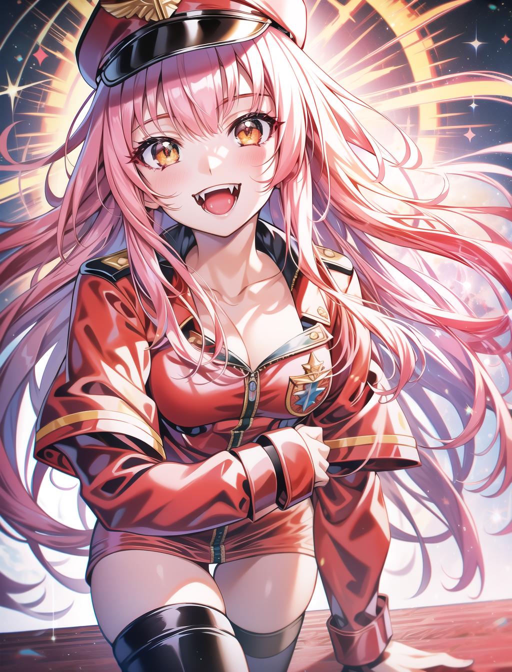  close up, solo, masterpiece, best quality, 1 female, zero two, long straight pink hair, fangs, crazy smile, green eyes, all red military jacket with officer cap, long red thin straight horns, thigh highs