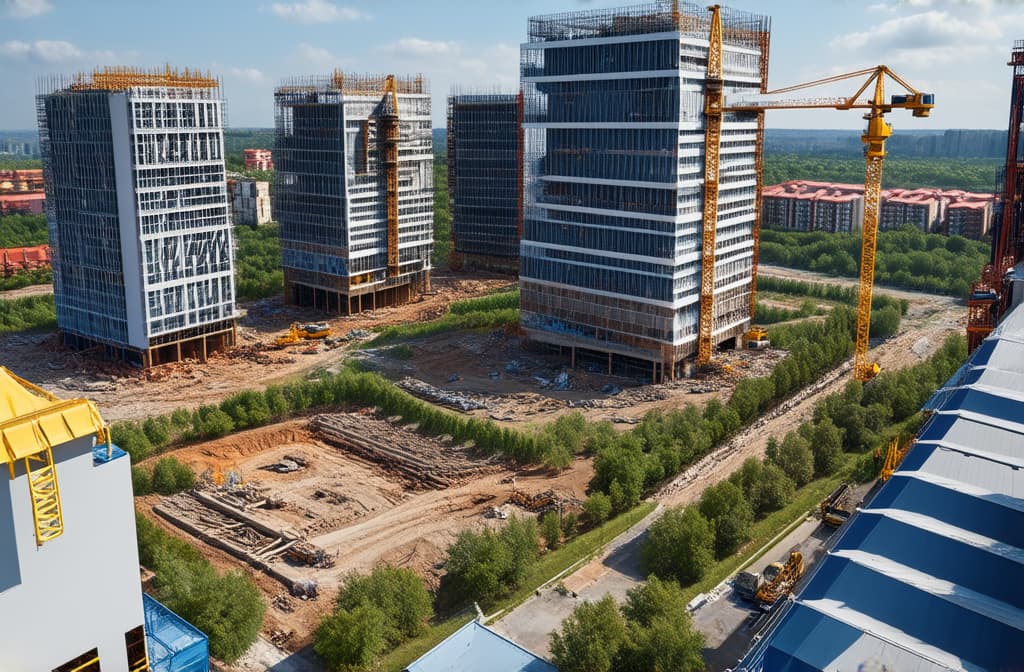  construction site with buildings under construction. tower cranes in action. construction of multi storey residential buildings, aerial view , photorealistic high resolution ar 3:2 {prompt}, maximum details