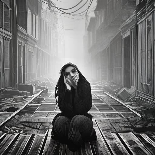  (grayscale, woodcut:1.2), (etching:1.1), (engraving:0.2), Distant image, black and white. A girl sits in a corner holding her head and feeling fear. In a ruined building. I see a bright light nearby, but I don't look at it., detailed hyperrealistic, full body, detailed clothing, highly detailed, cinematic lighting, stunningly beautiful, intricate, sharp focus, f/1. 8, 85mm, (centered image composition), (professionally color graded), ((bright soft diffused light)), volumetric fog, trending on instagram, trending on tumblr, HDR 4K, 8K