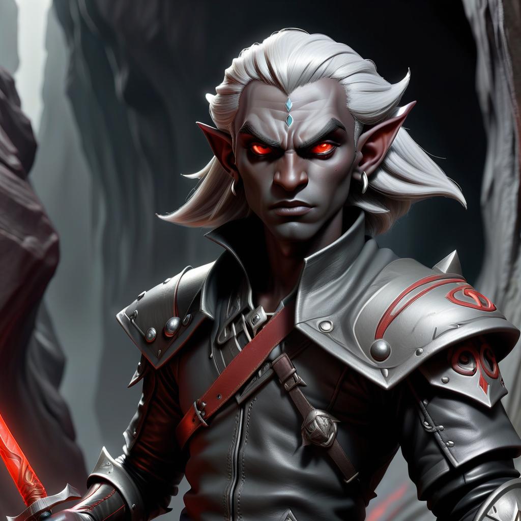  role playing game (rpg) style fantasy drow male elf cleric, dark grey graphite color skin, red eyes, silver medium haircut, black leather jacket, iron battle mace, impudent arrogant rude expression, traveler shoulder bag, half body view, dark cave temple . detailed, vibrant, immersive, reminiscent of high fantasy rpg games, civitai