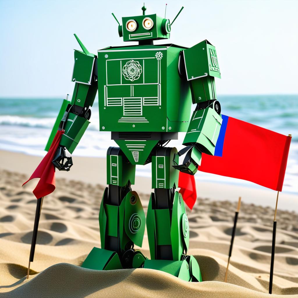  kirigami representation of draw a nice green iron robot; keep the flag of the russian federation in the right hand; robot is standing on the beach of the black sea in sochi . 3d, paper folding, paper cutting, japanese, intricate, symmetrical, precision, clean lines hyperrealistic, full body, detailed clothing, highly detailed, cinematic lighting, stunningly beautiful, intricate, sharp focus, f/1. 8, 85mm, (centered image composition), (professionally color graded), ((bright soft diffused light)), volumetric fog, trending on instagram, trending on tumblr, HDR 4K, 8K