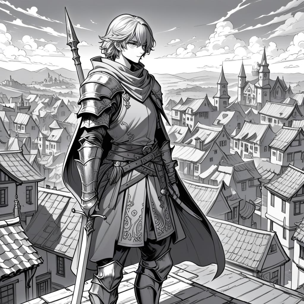  manga artwork fantasy, greyscale monochrome, manga materials, knight piercieng mage with the spear on the rooftop with view on fantasy town. manga artist. manga, highly emotional. best quality, high resolution