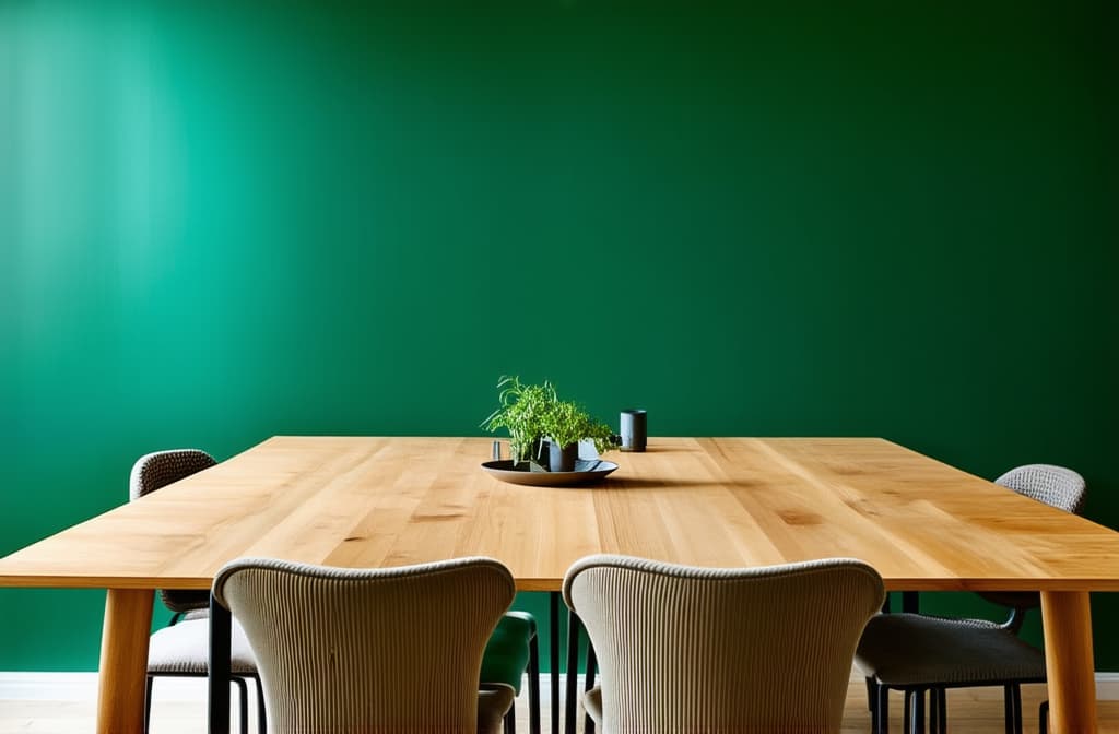  professional detailed photography, wooden dining table and chairs against green wall. scandinavian, mid century home interior design of modern dining room. ar 3:2, (muted colors, dim colors, soothing tones), (vsco:0.3)