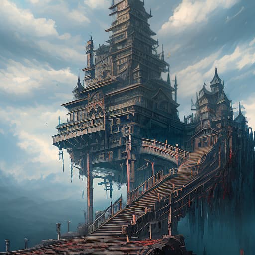  landscape, a metal japanese castle to which 6 stairs lead from different sides, which stands on a large horizontal gear, everywhere clouds, steam, cloudy weather, steampunk, blue sky, a huge gear instead of earth, dark , creepy , blood , monsters , by jason engle , carlos huante , charlie bowater , simon lee , brom