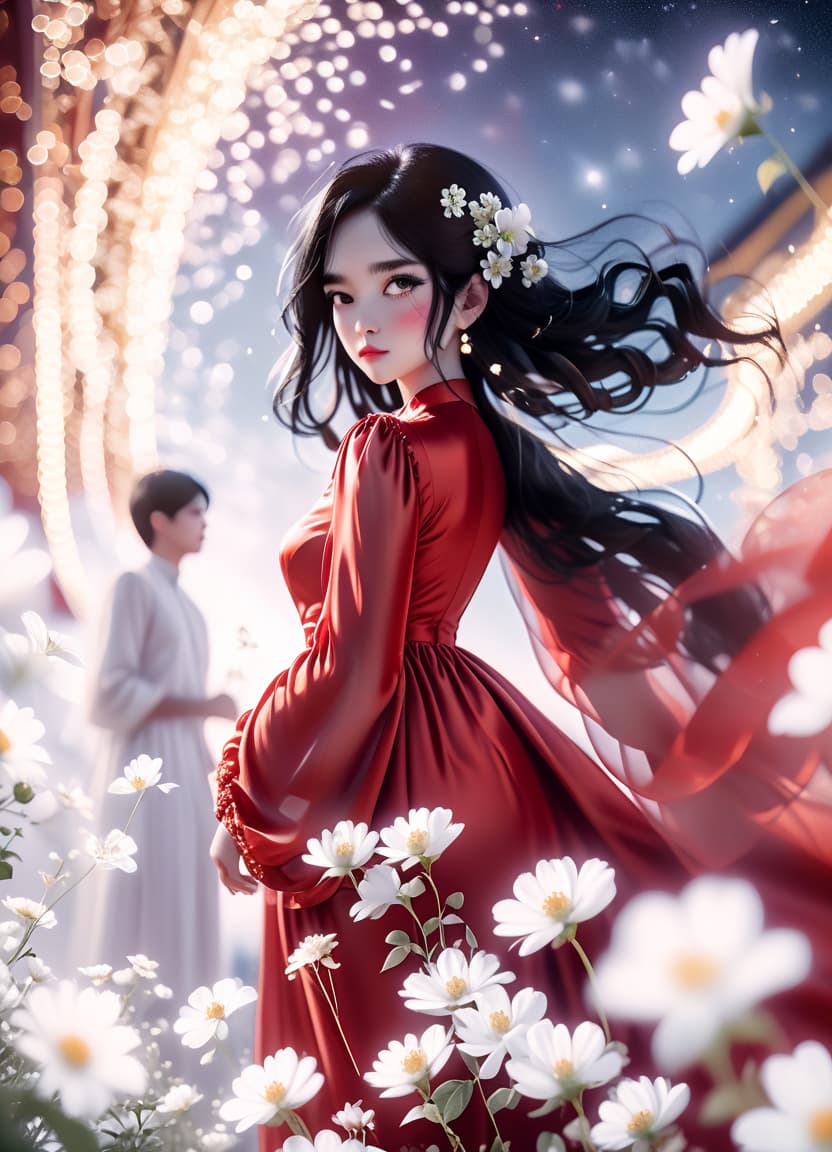  cinematic photo a girl in a red silk dress, in the foreground white flowers, black hair, a large bust, white sleeves with a pattern, against a starry sky. . 35mm photograph, film, bokeh, professional, 4k, highly detailed, perfecteyes, glowneon