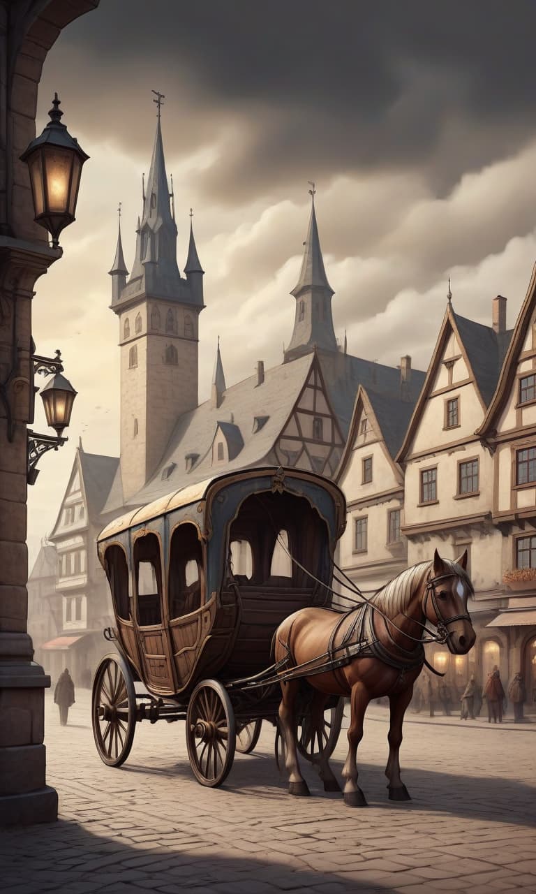  carriage stands on the town square in a medieval northern city, book illustration style, day , dark fantasy atmosphere ,, on parchment