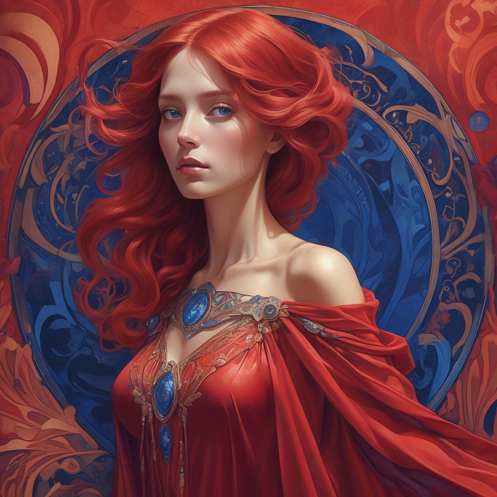  hyperrealistic art mage crimson (painting of a well endowed woman in a striking red dress), vibrant, flowing red hair, red cape draping elegantly, (deep blue psychedelic background), surreal forms and patterns intertwining, created in the style of alphonse mucha, rich color saturation, ethereal and dreamlike atmosphere, (intricate textures), visually captivating, 4k quality, poster art aesthetic. . extremely high resolution details, photographic, realism pushed to extreme, fine texture, incredibly lifelike