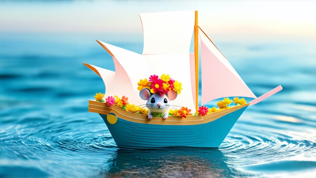  paper ship with a fluffy mouse and a bright bouquet of flowers in it, picture, romanticism, beautiful hd, ultra intricate, ships, in water, very cute, stunning screensaver, crystalline, traveling on water, charming and whimsical photo, beautiful angle, super intricate, washed out, ships, cool wallpaper ar 16:9 {prompt}, maximum details