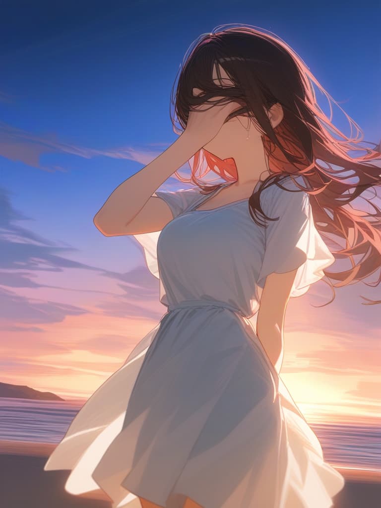  a masterpiece,one girl,delicate hair color,swaying hair,bangs over eyes,crying face,( tears running down her cheeks),red cheeks,(((right hand covering her eye:1.2))),((( pow hand))),white dress,swaying hem,walking,sunset,beach in background,natural light,high quality,super resolution,super detailed,8k