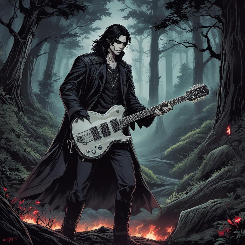  un vampire guitare hero dans une forêt hantée , comic style, manga and manhwa style, painting style