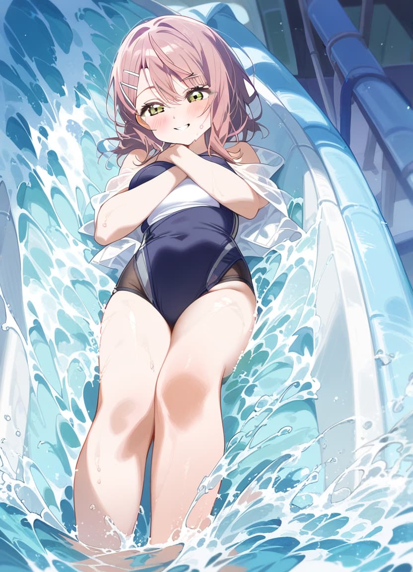  1, uehara ayumu, love live nijigasaki high idol club, sliding down a water slide, water slide, compeion , smiling, masterpiece, best quality, very aesthetic, absurdres, feet out of frame . best quality, high resolution