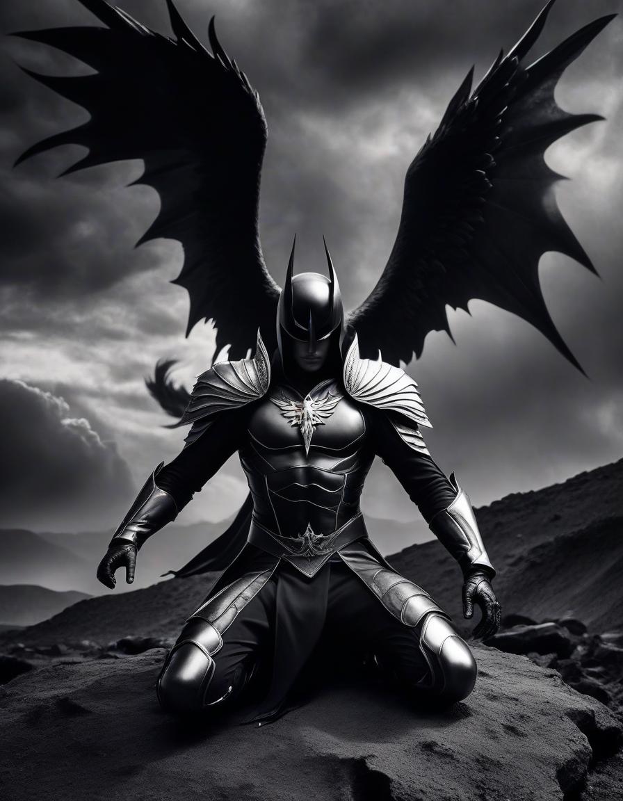  film noir style kneeling lucifer, with burnt wings, with white skin, in black armor, in a black crown, with black obsidian eyes, looks up, fiery tears flow from his eyes, stands on a rock, in the middle of a gray wasteland, looks into the fiery sky, without horns. . monochrome, high contrast, dramatic shadows, 1940s style, mysterious, cinematic