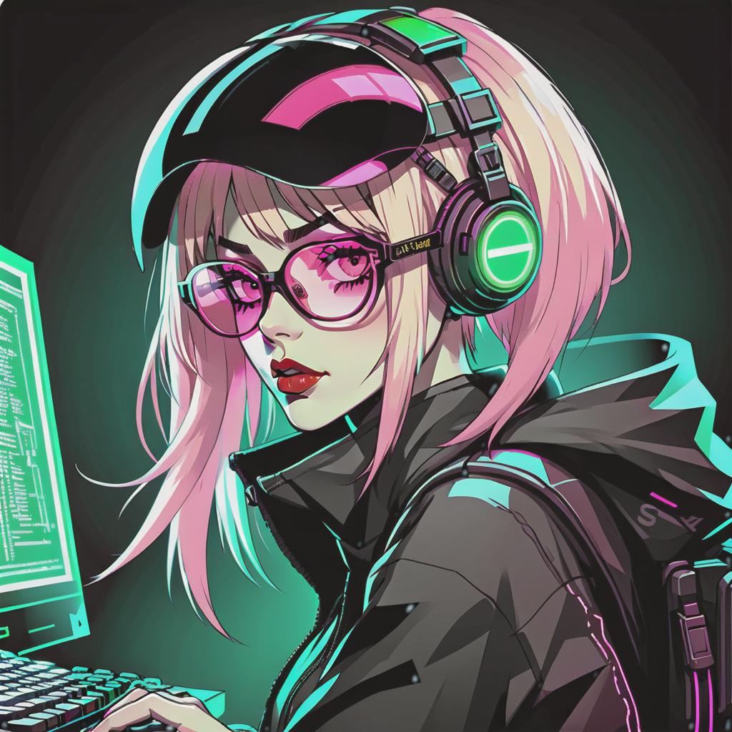  line art drawing extreme closeup of stunning female cyberpunk hacker, straight cut two tone hair, black with pink highlights, bangs, futuristic glasses or visor, dark eyeshadow, red lips, looking at an unseen computer screen, her glasses reflecting green mirrored, reversed ascii analog text on a black background, perfect composition, realistic photographic image, raw photo highest quality, perfect directional lighting, same nightmare. anime style . professional, sleek, modern, minimalist, graphic, line art, vector graphics