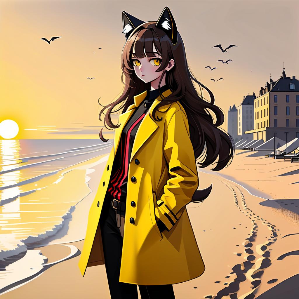  architectural style the girl is standing on the beach. she has long dark brown hair that gently falls on her shoulders, from cat ears, and his face, with jewish and slavic features, exudes calmness with brown eyes. she is dressed in a bright yellow coat that immediately attracts attention and contrasts with the surrounding landscape. under the coat is a black shirt, and black pants are additionally decorated with yellow elements, creating a harmonious and stylish image. the sun sets over the horizon, shrouding everything around in red shades, and bright red stripes lie on the surroundings contrasting with the darkness and creating a magical atmosphere. . clean lines, geometric shapes, minimalist, modern, architectural drawing, highly detail