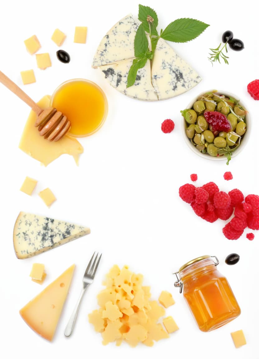  food photography style a beautiful composition of several types of cheese on the table, as well as honey and raspberry jam, several raspberries and olives . appetizing, professional, culinary, high resolution, commercial, highly detailed, film photography style