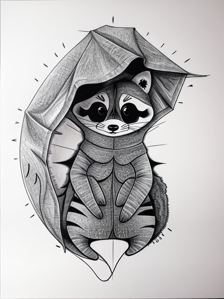  (line drawing,simple) metamorphosis (very cute raccoon),under the covers,