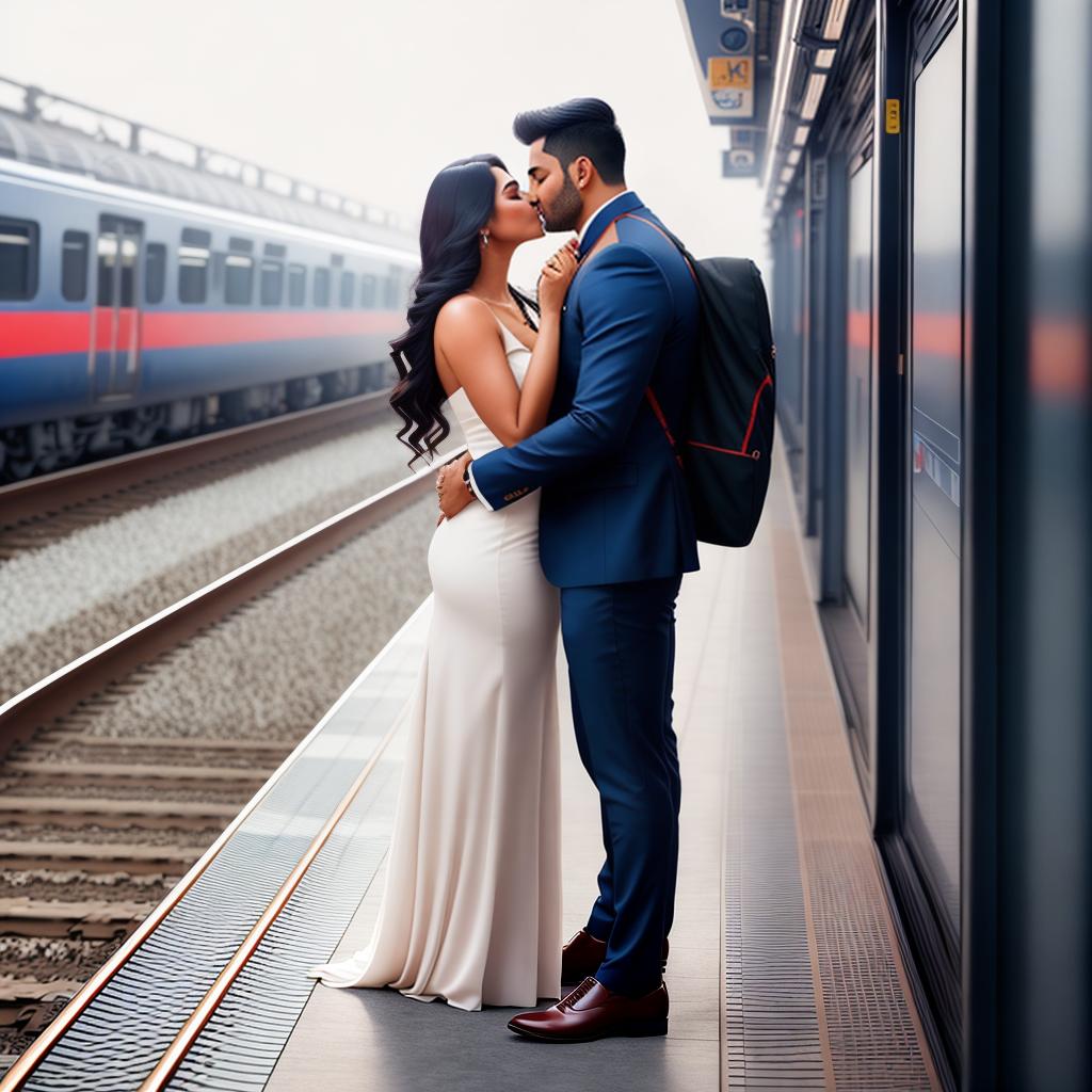  a image of young Indian couple hugging and kissing in train station platform hyperrealistic, full body, detailed clothing, highly detailed, cinematic lighting, stunningly beautiful, intricate, sharp focus, f/1. 8, 85mm, (centered image composition), (professionally color graded), ((bright soft diffused light)), volumetric fog, trending on instagram, trending on tumblr, HDR 4K, 8K
