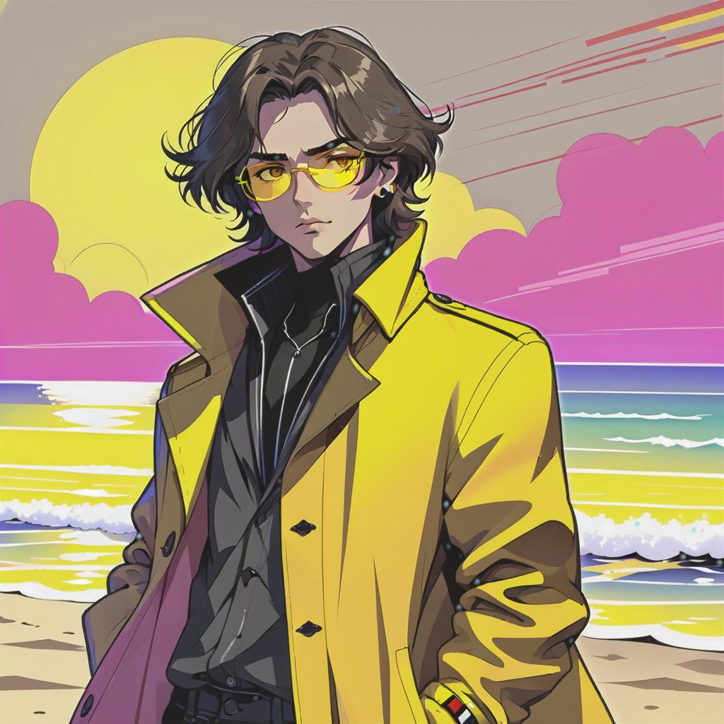  retro cyberpunk a young man stands alone on the beach. he has long dark brown hair, which flies slightly in the breeze. his face, with pronounced jewish and slavic features, radiates lively energy. brown eyes are full of deep emotions, as if reflecting the vast expanses of the ocean. he wears a bright yellow coat that seems to shine, catching the eye and contrasting with the soft shades of the sunset. under his coat he wears a black shirt and black pants are decorated with yellow elements, creating a stylish and dynamic look. the sunset passes into the night, and its rays fall on the terrain in bright red stripes contrasting with the night. the image uses such colors and shades of colors as: yellow, blue, red, blue and black . 80's inspired