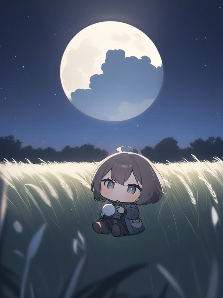  midnight,full moon,field of silver grass🌾 all over,super cute raccoon looking up at the moon:1.2,moon viewing🎑,blur effect,