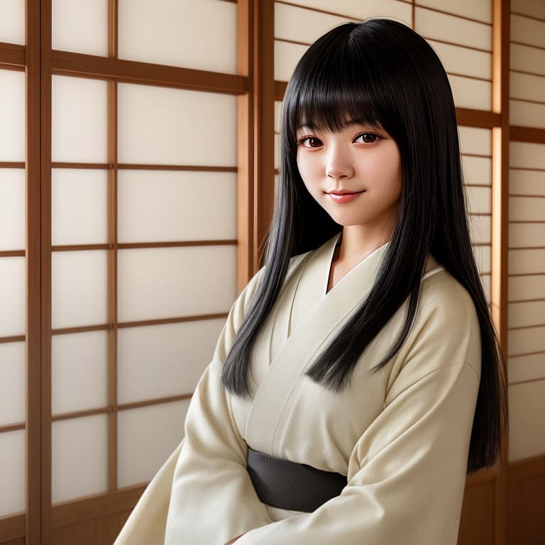  a serene, natural light portrait of a young japanese woman with long, straight black hair and soft bangs, wearing a light, traditional kimono. she has large, expressive brown eyes, soft natural makeup, and a gentle, calm expression with a cute, smiling face. she is facing directly forward, with her face fully visible. the background features a traditional japanese wooden interior with sunlight filtering through shoji screens, creating a warm and peaceful atmosphere.