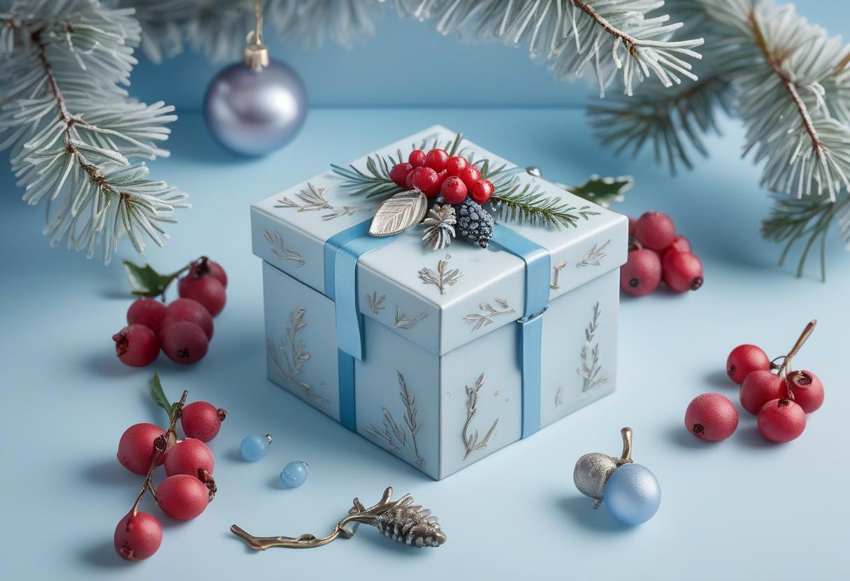  a large pale blue background, a talisman tooth and a pine branch in frost with berries at the top right, a gift box, christmas toys at the bottom left.