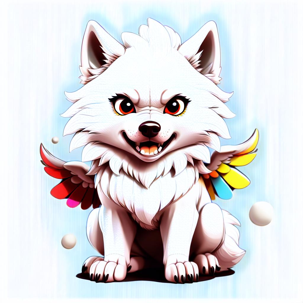  kawaii style white wolf with wings. no background. . cute, adorable, brightly colored, cheerful, anime influence, highly detailed, sticker