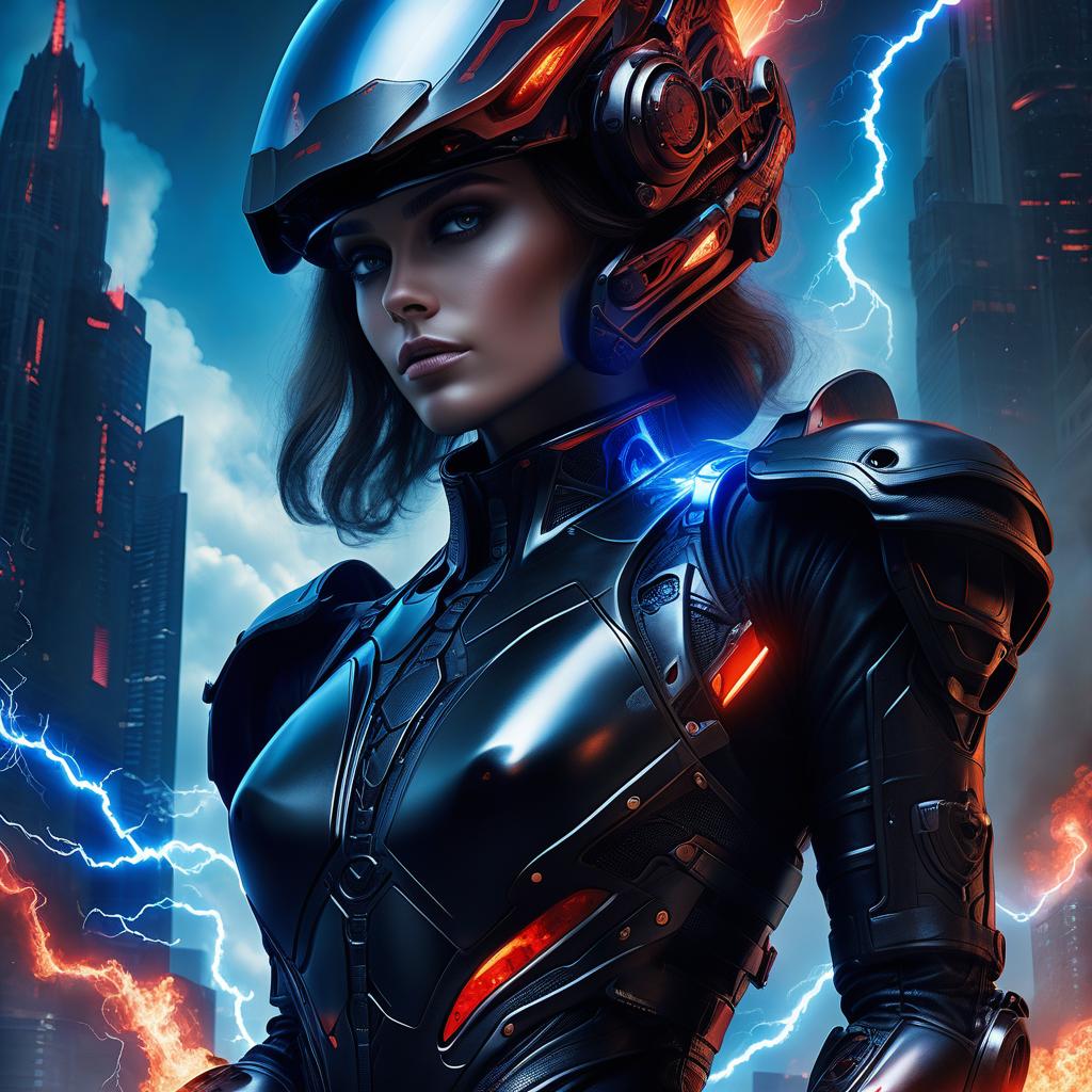  book cover: a beauty girls in a black exoskeleton wearing a helmet, standing with his arms crossed over his chest. very detailed and detailed model. the confrontation of red fire and blue lightning. background, an alien city