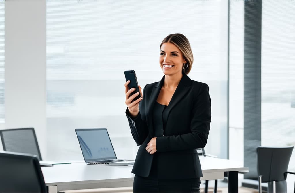  professional detailed photography, portrait of smiling businesswoman standing in open plan office. holding phone. minimalism style. happy female professional executive manager, financial banking or marketing data. ar 3:2, (muted colors, dim colors, soothing tones), (vsco:0.3)