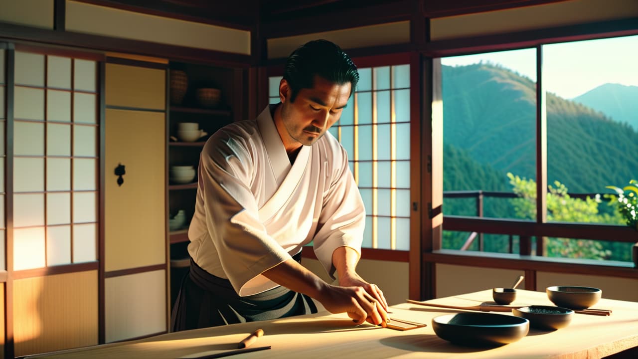  a serene japanese workshop featuring a skilled artisan crafting a sashimono joint, surrounded by traditional tools, wooden beams, and delicate wood shavings, illuminated by soft natural light filtering through shoji screens. hyperrealistic, full body, detailed clothing, highly detailed, cinematic lighting, stunningly beautiful, intricate, sharp focus, f/1. 8, 85mm, (centered image composition), (professionally color graded), ((bright soft diffused light)), volumetric fog, trending on instagram, trending on tumblr, HDR 4K, 8K