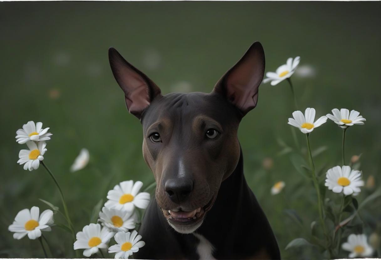  bull terrier portrait 4ka on the field with flowers